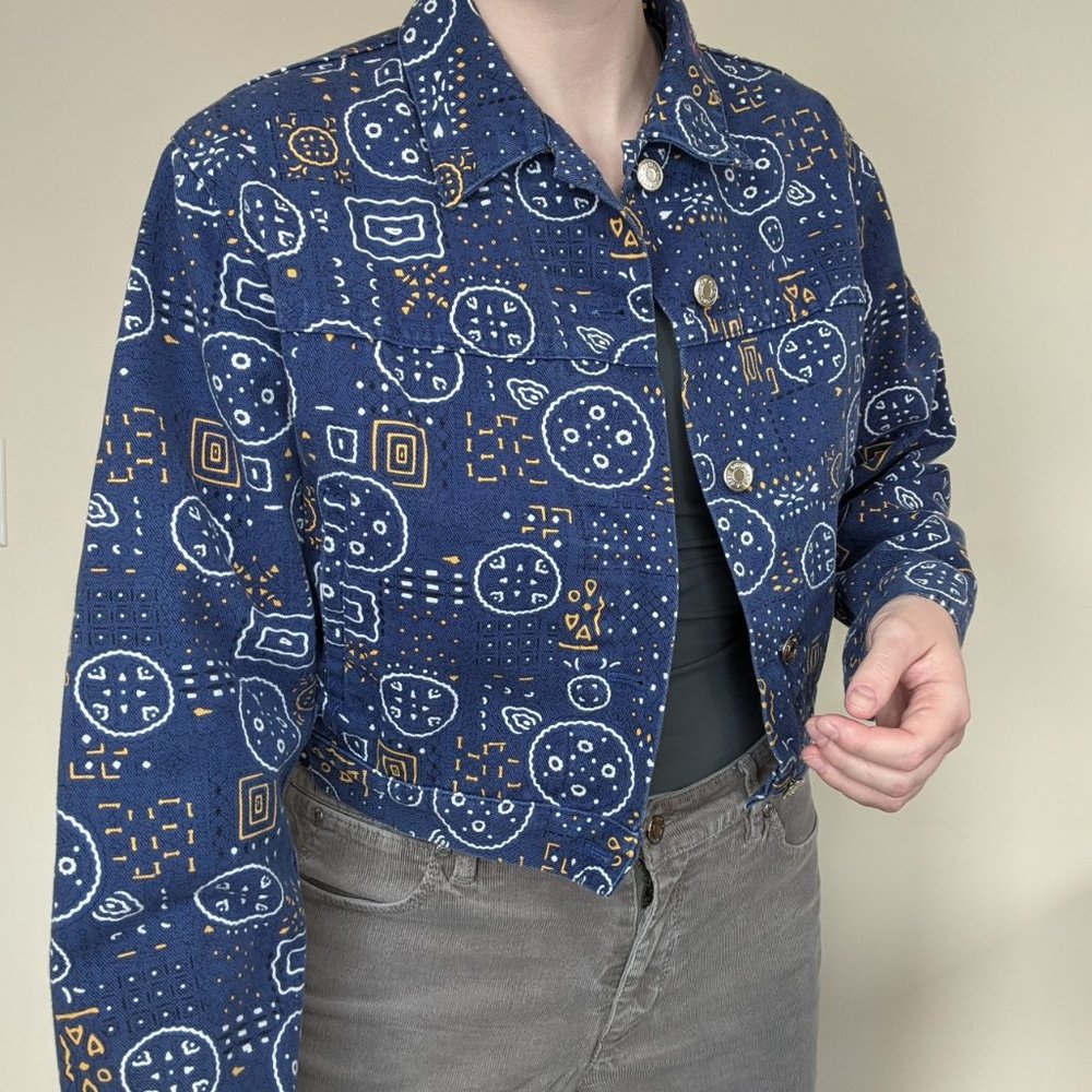 J Crew Funky Abstract Pattern Blue Denim Jacket - Picture 3 of 3